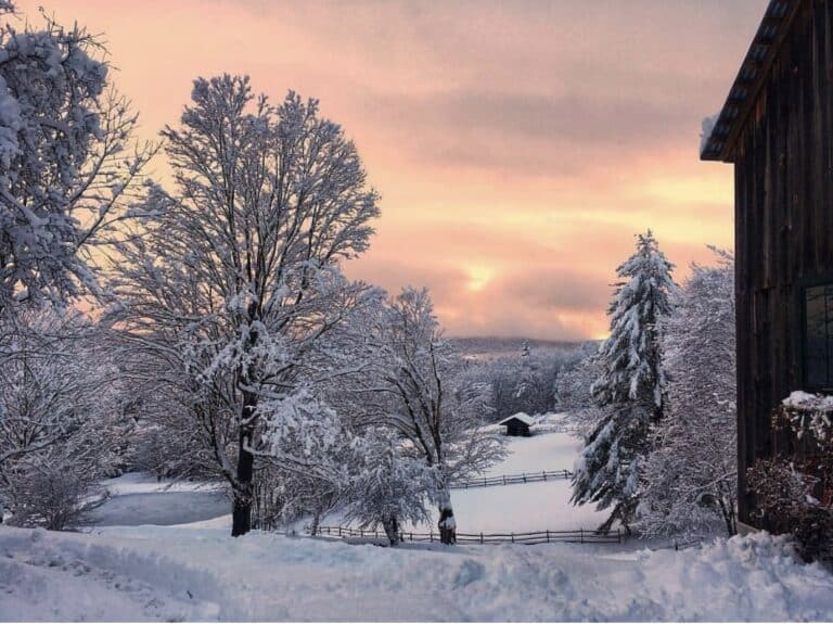 Rural view of places like the Billings Farm & Museum in Woodstock, Vermont in the winter